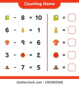 Counting game, count the number of Book, Butternut Squash, Tshirt, Warm Clothes, Hat and write the result. Educational children game, printable worksheet, vector illustration