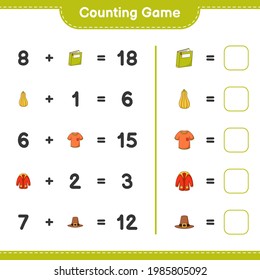 Counting game, count the number of Book, Butternut Squash, Tshirt, Warm Clothes, Hat and write the result. Educational children game, printable worksheet, vector illustration