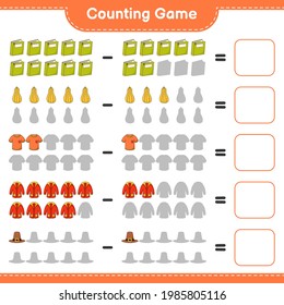 Counting game, count the number of Book, Butternut Squash, Tshirt, Warm Clothes, Hat and write the result. Educational children game, printable worksheet, vector illustration