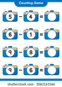 Counting game, count the number of Camera and write the result. Educational children game, printable worksheet, vector illustration