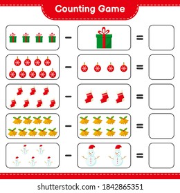 Counting game, count the number of christmas decoration and write the result. Educational children game, printable worksheet, vector illustration