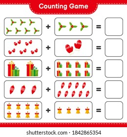 Counting game, count the number of christmas decoration and write the result. Educational children game, printable worksheet, vector illustration