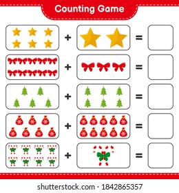 Counting game, count the number of christmas decoration and write the result. Educational children game, printable worksheet, vector illustration