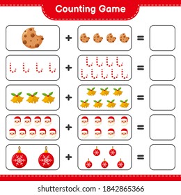 Counting game, count the number of christmas decoration and write the result. Educational children game, printable worksheet, vector illustration