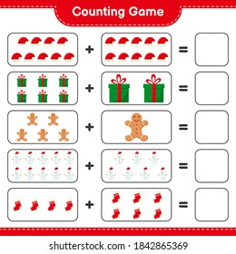 Counting game, count the number of christmas decoration and write the result. Educational children game, printable worksheet, vector illustration