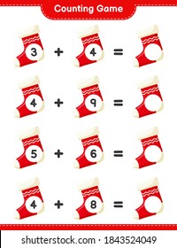 Contando juego, contar el número de Socks de Navidad y escribir el resultado. Juego infantil educativo, hoja de cálculo imprimible, ilustración vectorial