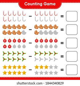 Counting game, count the number of christmas decoration and write the result. Educational children game, printable worksheet, vector illustration