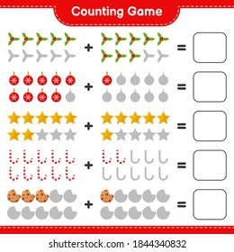 Counting game, count the number of christmas decoration and write the result. Educational children game, printable worksheet, vector illustration