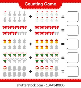 Zählen Sie das Spiel, zählen Sie die Anzahl der Weihnachtsdekoration und schreiben Sie das Ergebnis. Kinderspiel, druckbares Arbeitsblatt, Vektorgrafik