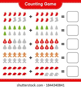 Contando juego, cuenta el número de decoraciones navideñas y escribe el resultado. Juego infantil educativo, hoja de cálculo imprimible, ilustración vectorial