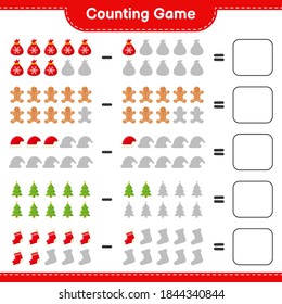 Counting game, count the number of christmas decoration and write the result. Educational children game, printable worksheet, vector illustration