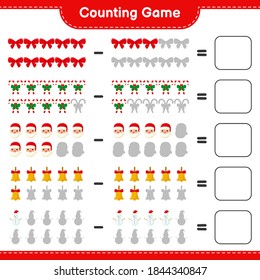Counting game, count the number of christmas decoration and write the result. Educational children game, printable worksheet, vector illustration