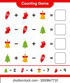 Counting game, count the number of christmas decoration and write the result. Educational children game, printable worksheet, vector illustration