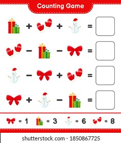 Counting game, count the number of christmas decoration and write the result. Educational children game, printable worksheet, vector illustration