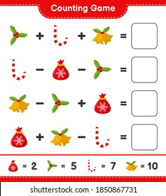 Counting game, count the number of christmas decoration and write the result. Educational children game, printable worksheet, vector illustration