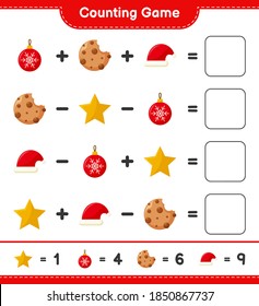 Counting game, count the number of christmas decoration and write the result. Educational children game, printable worksheet, vector illustration