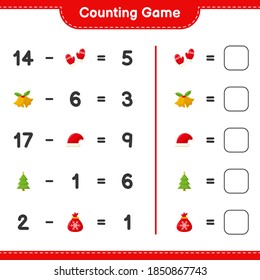 Counting game, count the number of christmas decoration and write the result. Educational children game, printable worksheet, vector illustration