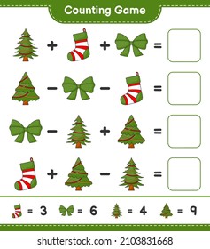 Counting game, count the number of Christmas Tree, Ribbon, Christmas Sock and write the result. Educational children game, printable worksheet, vector illustration