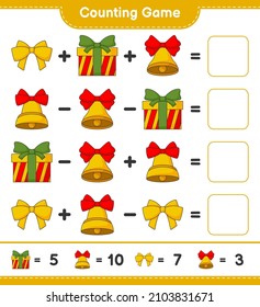 Contando juego, contar el número de la Campana de Navidad, Cinta, Caja de Regalo y escribir el resultado. Juego infantil educativo, hoja de cálculo imprimible, ilustración vectorial