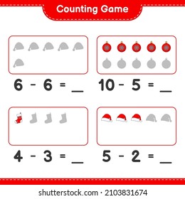 Counting game, count the number of Christmas Ball, Santa Hat, Christmas Sock and write the result. Educational children game, printable worksheet, vector illustration