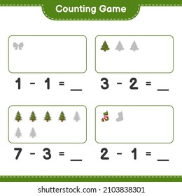 Counting game, count the number of Christmas Tree, Ribbon, Christmas Sock and write the result. Educational children game, printable worksheet, vector illustration