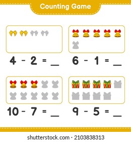 Counting game, count the number of Christmas Bell, Ribbon, Gift Box and write the result. Educational children game, printable worksheet, vector illustration