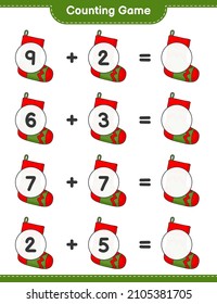Counting game, count the number of Christmas Sock and write the result. Educational children game, printable worksheet, vector illustration