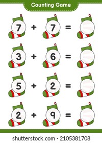 Counting game, count the number of Christmas Sock and write the result. Educational children game, printable worksheet, vector illustration