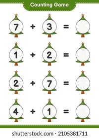Counting game, count the number of Christmas Tree and write the result. Educational children game, printable worksheet, vector illustration