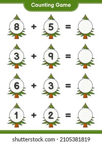 Counting game, count the number of Christmas Tree and write the result. Educational children game, printable worksheet, vector illustration