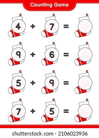 Contando el juego, contar el número de Sock de Navidad y escribir el resultado. Juego infantil educativo, hoja de cálculo imprimible, ilustración vectorial