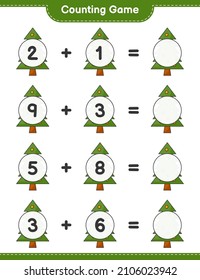Contando juego, contar el número de Árbol de Navidad y escribir el resultado. Juego infantil educativo, hoja de cálculo imprimible, ilustración vectorial