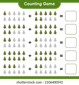 Contando juego, contar el número de Árbol de Navidad y escribir el resultado. Juego infantil educativo, hoja de cálculo imprimible, ilustración vectorial