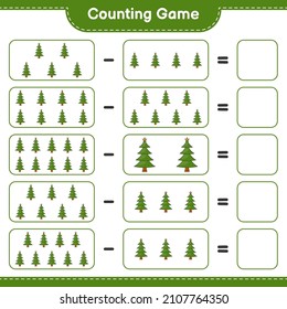 Counting game, count the number of Christmas Tree and write the result. Educational children game, printable worksheet, vector illustration