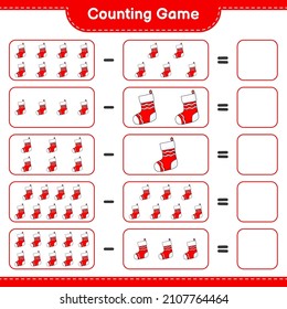 Contando el juego, contar el número de Sock de Navidad y escribir el resultado. Juego infantil educativo, hoja de cálculo imprimible, ilustración vectorial
