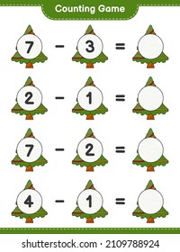 Contando juego, contar el número de Árbol de Navidad y escribir el resultado. Juego infantil educativo, hoja de cálculo imprimible, ilustración vectorial