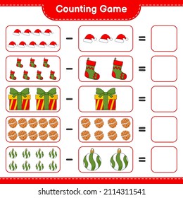 Counting game, count the number of Christmas Ball, Hat, Sock, Gift Box, Cookies and write the result. Educational children game, printable worksheet, vector illustration