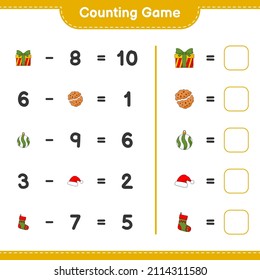 Zählen Sie das Spiel, zählen Sie die Anzahl der Weihnachtsball, Hut, Sock, Geschenkbox, Cookies und schreiben Sie das Ergebnis. Kinderspiel, druckbares Arbeitsblatt, Vektorgrafik