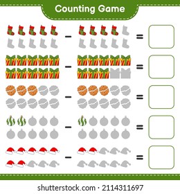 Contando el juego, contar el número de la bola de Navidad, Hat, Sock, Gift Box, Cookies y escribir el resultado. Juego infantil educativo, hoja de cálculo imprimible, ilustración vectorial