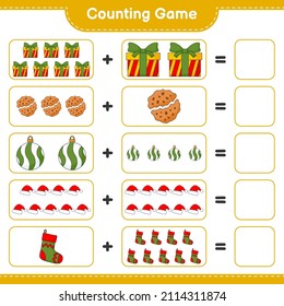 Counting game, count the number of Christmas Ball, Hat, Sock, Gift Box, Cookies and write the result. Educational children game, printable worksheet, vector illustration