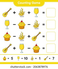 Counting game, count the number of Cocktail, Cup Cake, Ukulele, Coral and write the result. Educational children game, printable worksheet, vector illustration
