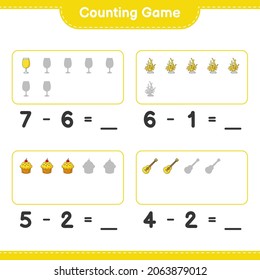 Contando el juego, cuenta el número de Cocktail, Cup Cake, Ukulele, Coral y escribe el resultado. Juego infantil educativo, hoja de cálculo imprimible, ilustración vectorial