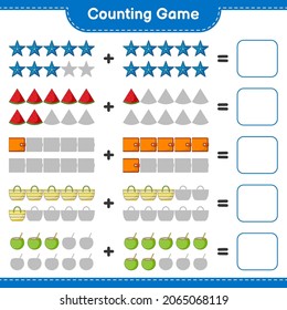 Counting game, count the number of Coconut, Starfish, Watermelon, Wallet, Beach Bag and write the result. Educational children game, printable worksheet, vector illustration
