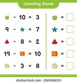 Contando el juego, cuenta el número de Coconut, Starfish, Watermelon, Wallet, Beach Bag y escribe el resultado. Juego infantil educativo, hoja de cálculo imprimible, ilustración vectorial