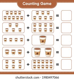 Zählen Sie das Spiel, zählen Sie die Anzahl der Coffee Cup und schreiben Sie das Ergebnis. Kinderspiel, druckbares Arbeitsblatt, Vektorgrafik