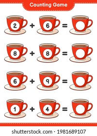 Contando el juego, contar el número de la Copa del Café y escribir el resultado. Juego infantil educativo, hoja de cálculo imprimible, ilustración vectorial