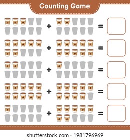 Contando el juego, contar el número de la Copa del Café y escribir el resultado. Juego infantil educativo, hoja de cálculo imprimible, ilustración vectorial
