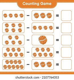 Zählen Sie das Spiel, zählen Sie die Anzahl der Cookie und schreiben Sie das Ergebnis. Kinderspiel, druckbares Arbeitsblatt, Vektorgrafik
