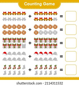 Counting game, count the number of Cookie, Christmas Bell, Sock, Gift Box, Hat and write the result. Educational children game, printable worksheet, vector illustration