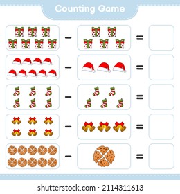 Counting game, count the number of Cookie, Christmas Bell, Sock, Gift Box, Hat and write the result. Educational children game, printable worksheet, vector illustration